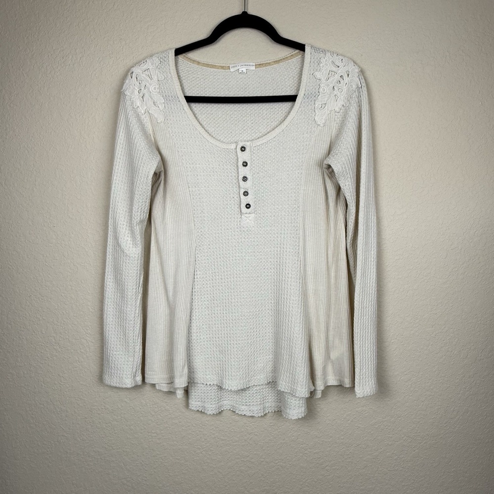 Coco Jaimeson Womens Ivory Boho Tunic Top Embroidered Mixed Texture Henley Sz M